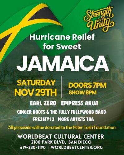 Read more about the article San Diego, CA — WorldBeat Cultural Center presents on Saturday, November 29, 2025 Hurricane Relief Fundraiser for Sweet Jamaica for Victims of Hurricane Melissa